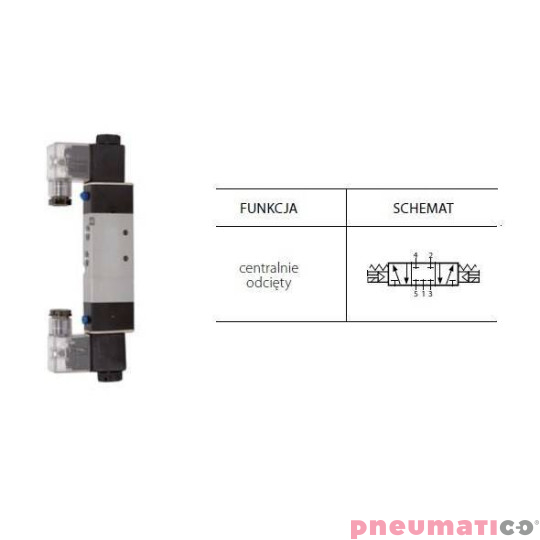 Zawór elektropneumatyczny TEKMA dwustronny, bistabilny z elementem ręcznego przesterowania centralnie odcięty 5/3 1/8" TG-3512-0 Zawór elektropneumatyczny TEKMA dwustronny, bistabilny z elementem ręcznego przesterowania centralnie odcięty 5/3 1/8" TG-3512-0