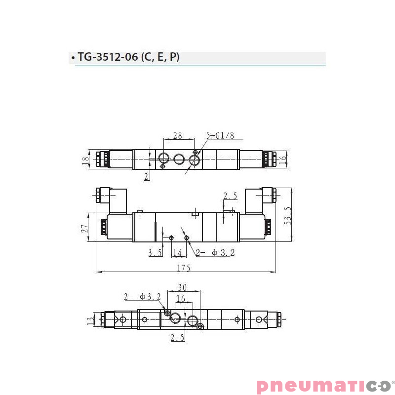 Zawór elektropneumatyczny TEKMA dwustronny, bistabilny z elementem ręcznego przesterowania centralnie odcięty 5/3 1/8" TG-3512-0 Zawór elektropneumatyczny TEKMA dwustronny, bistabilny z elementem ręcznego przesterowania centralnie odcięty 5/3 1/8" TG-3512-0