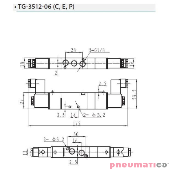Zawór elektropneumatyczny TEKMA dwustronny, bistabilny z elementem ręcznego przesterowania centralnie odcięty 5/3 1/8" TG-3512-0 Zawór elektropneumatyczny TEKMA dwustronny, bistabilny z elementem ręcznego przesterowania centralnie odcięty 5/3 1/8" TG-3512-0