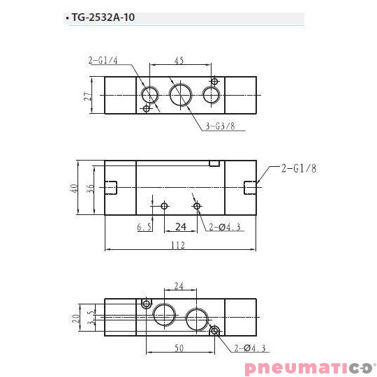 Zaw&oacute;r pneumatyczny dwustronny bistabilny 5/2 TEKMA TG-2532A-10 G3/8"