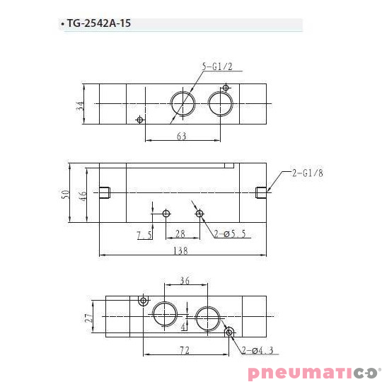Zaw&oacute;r pneumatyczny dwustronny bistabilny 5/2 TEKMA TG-2542A-15 G1/2"