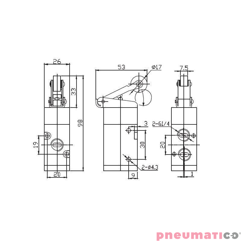 Zawór rolkowy / dźwignia / popychacz TEKMA 3/2 G1/4" G-322R NC Zawór rolkowy / dźwignia / popychacz TEKMA 3/2 G1/4" G-322R NC