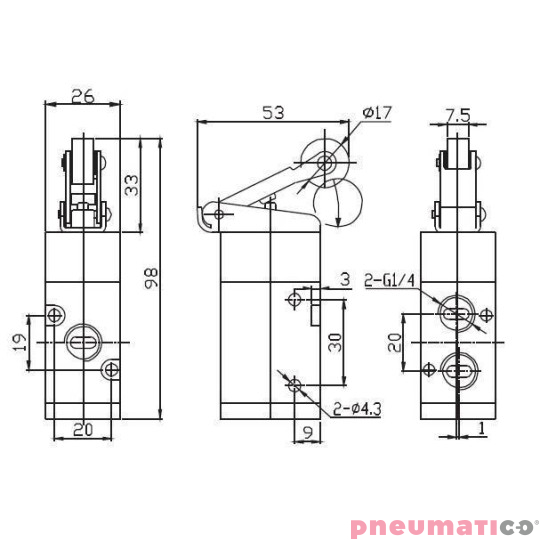 Zawór rolkowy / dźwignia / popychacz TEKMA 3/2 G1/4" G-322R NC Zawór rolkowy / dźwignia / popychacz TEKMA 3/2 G1/4" G-322R NC