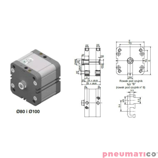 Siłownik profilowy ISO21287 1540 PNEUMAX Ø 80 skok 30 Siłownik profilowy ISO21287 1540 PNEUMAX Ø 80 skok 30