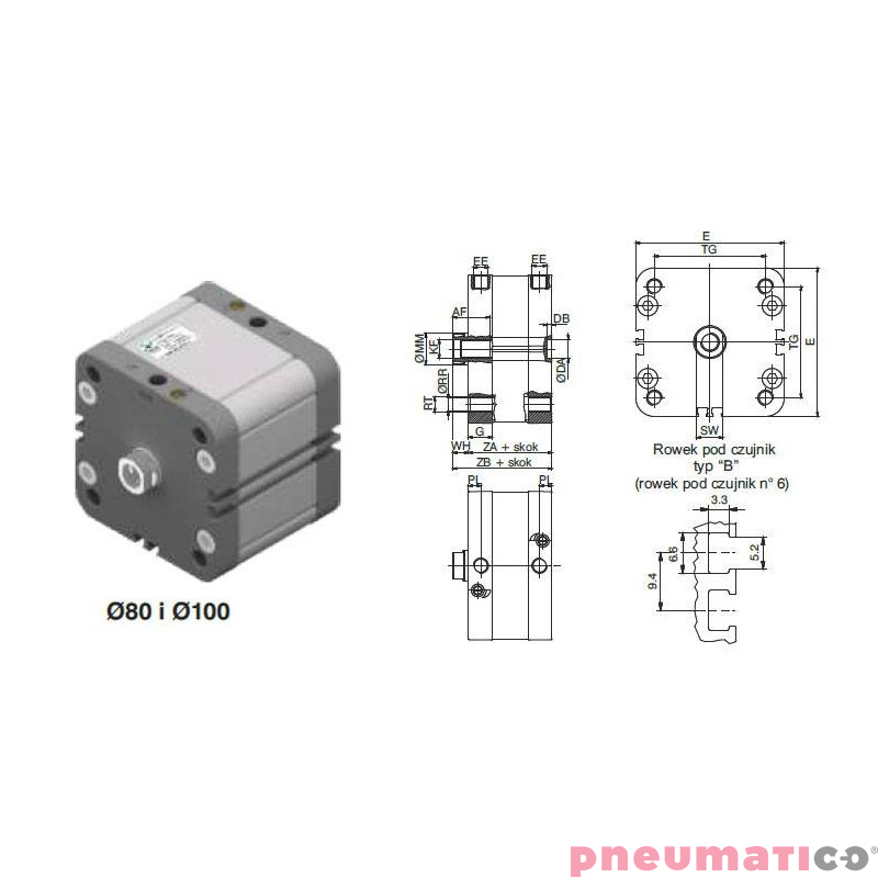 Siłownik profilowy ISO21287 1540 PNEUMAX Ø 80 skok 150 Siłownik profilowy ISO21287 1540 PNEUMAX Ø 80 skok 150