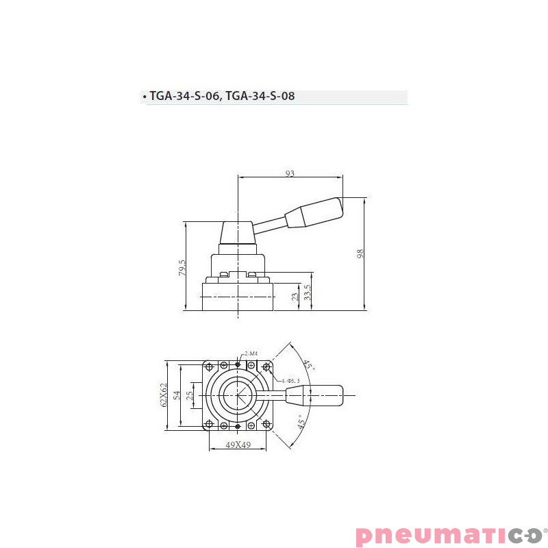 Zawór ręczny dźwigniowy TEKMA 4/3 centralnie odcięty G1/8" TGA-34-S-06 Zawór ręczny dźwigniowy TEKMA 4/3 centralnie odcięty G1/8" TGA-34-S-06