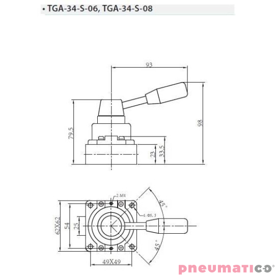 Zawór ręczny dźwigniowy TEKMA 4/3 centralnie odcięty G1/8" TGA-34-S-06 Zawór ręczny dźwigniowy TEKMA 4/3 centralnie odcięty G1/8" TGA-34-S-06