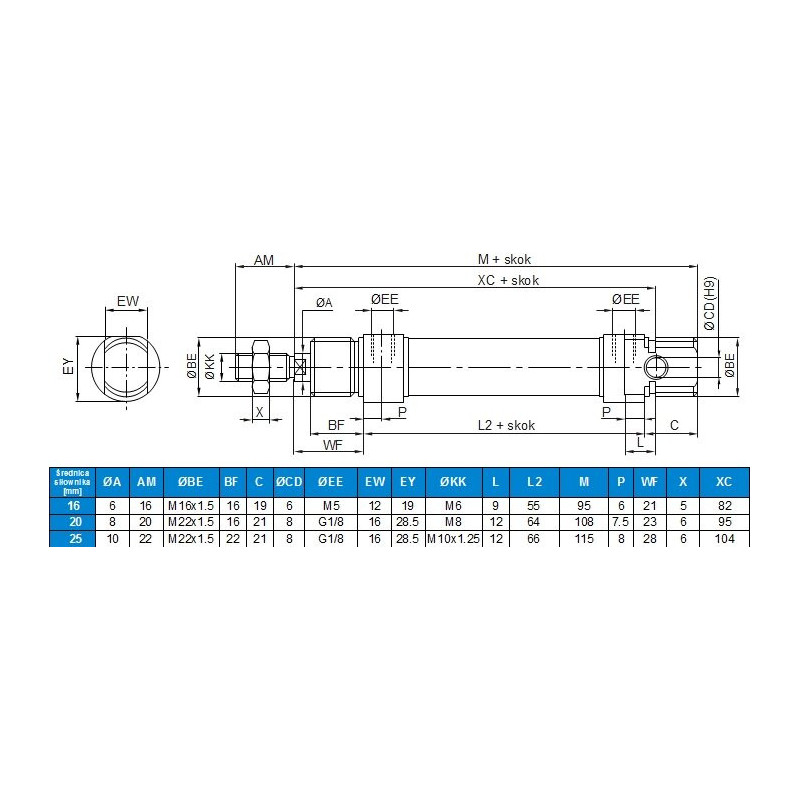 Siłownik ISO6432 D20x150 z magnesem i amortyzacją AIR-COM CADD-020-0150-MA