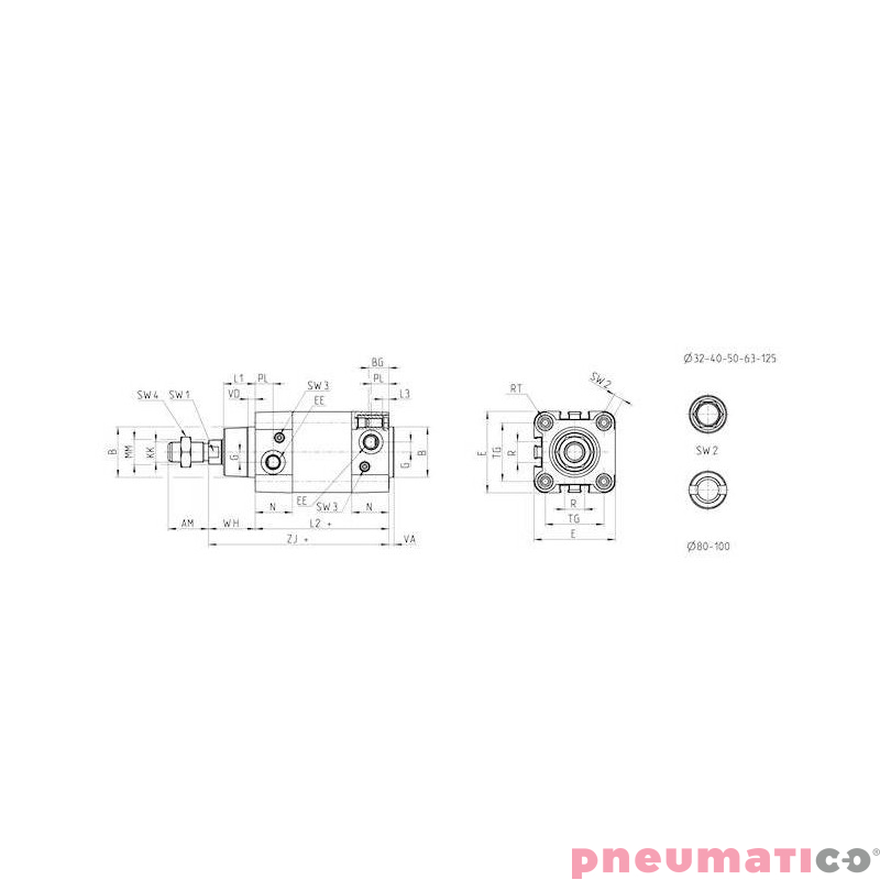 Siłownik ISO 15552 serii 61 O100 podwójnego działania CAMOZZI 61M2P100A0200 Siłownik ISO 15552 serii 61 O100 podwójnego działania CAMOZZI 61M2P100A0200