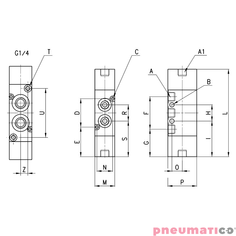 Zaw&oacute;r pneumatyczny rozdzielający bistabilny 5/2 G1/4" CAMOZZI 354-033