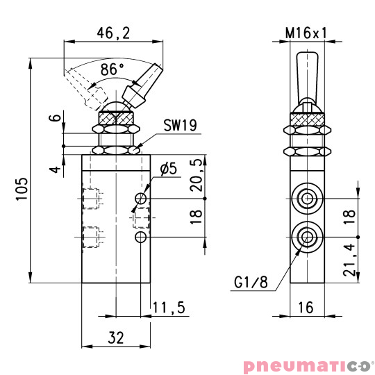 Zaw&oacute;r ręczny z dźwignią 3/2 NC G1/8" bistabilny CAMOZZI 338-990