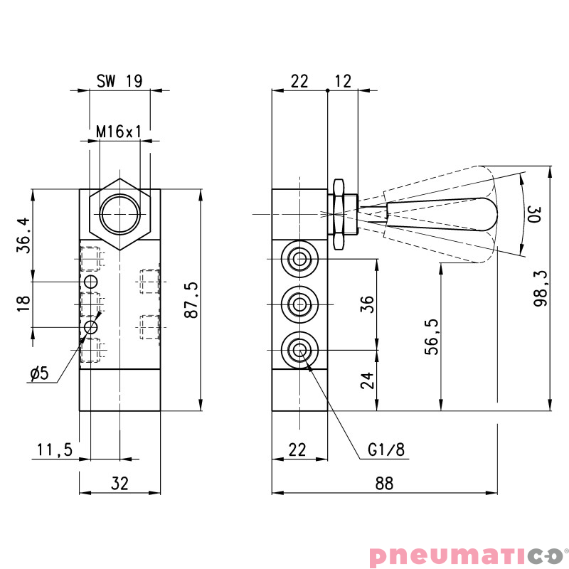 Zaw&oacute;r ręczny z dźwignią 5/2 NC G1/8" monostabilny CAMOZZI 358-905