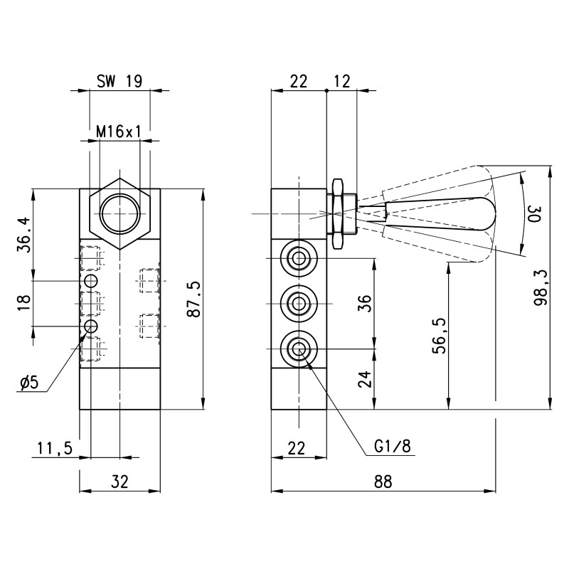 Zawór ręczny z dźwignią 5/3 NC G1/8" środkowo odpowietrzony CAMOZZI 378-900