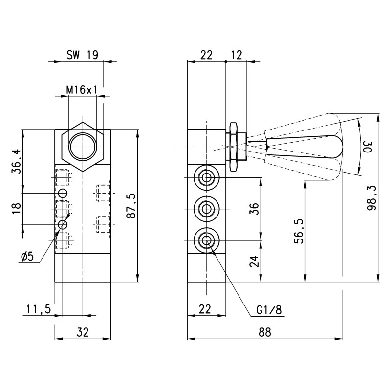 Zawór ręczny z dźwignią 5/3 NC G1/8" środkowo odpowietrzony CAMOZZI 378-905
