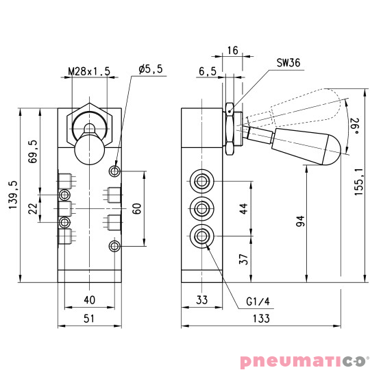 Zaw&oacute;r ręczny z dźwignią 5/2 NC G1/4" monostabilny CAMOZZI 454-905