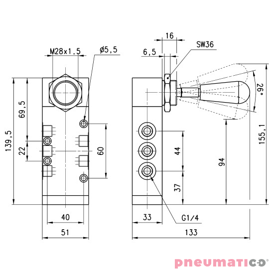 Zawór ręczny z dźwignią 5/3 NC G1/4" bistabilny środkowo zamknięty CAMOZZI 464-900