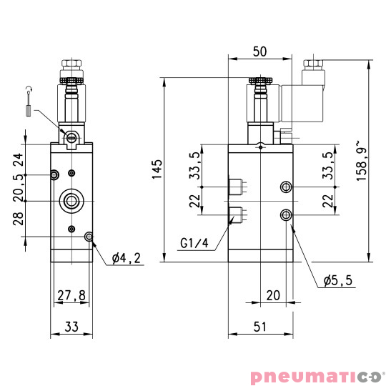 Zaw&oacute;r rozdzielający elektromagnetyczny 3/2 NC G3/8" monostabilny CAMOZZI 433-015-22