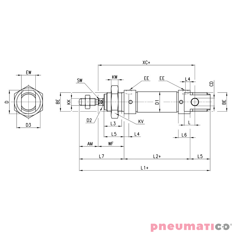 Mikrosiłownik serii 16 podw&oacute;jnego działania ISO 6432 O12 skok 25 Camozzi 16N2A12A025