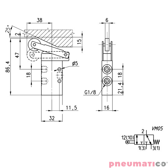 Zaw&oacute;r sterowany dźwignią z rolką 3/2 NC G1/8 Camozzi 338-955