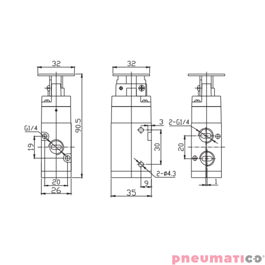Zaw&oacute;r ręczny z przyciskiem typu grzybek TEKMA 3/2 NC G1/4" G-322 PB
