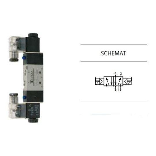 Zawór elektropneumatyczny TEKMA dwustronny, bistabilny z elementem ręcznego przesterowania 5/2 1/8" TG-2512-06-DC24 NC DC24V Zawór elektropneumatyczny TEKMA dwustronny, bistabilny z elementem ręcznego przesterowania 5/2 1/8" TG-2512-06-DC24 NC DC24V