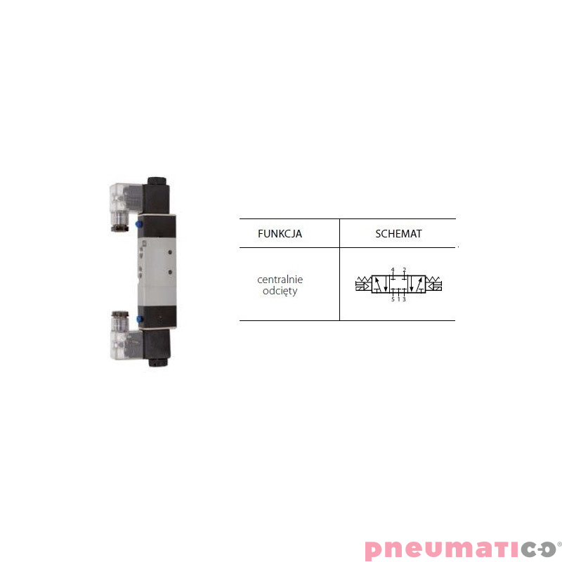 Zaw&oacute;r elektropneumatyczny TEKMA dwustronny, bistabilny z elementem ręcznego przesterowania centralnie odcięty 5/3 1/8" TG-3512-0