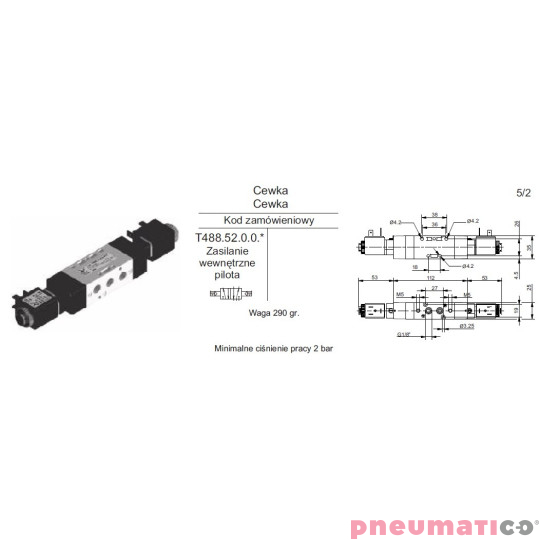 Zawór elektropneumatyczny 5/2 BISTAB. Pneumax T488.52.0.0.M 1/8 Zawór elektropneumatyczny 5/2 BISTAB. Pneumax T488.52.0.0.M 1/8