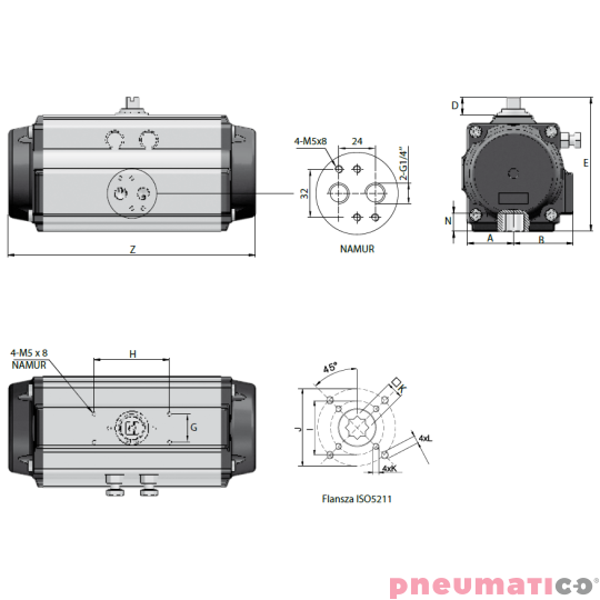 Pneumatyczny napęd obrotowy dwustronnego działania R.95 F05/07-17mm NDA95F57X17 RQS