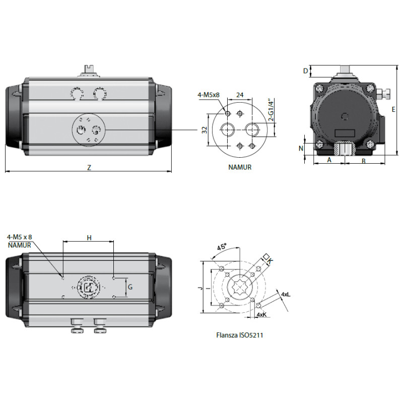 Pneumatyczny napęd obrotowy dwustronnego działania R.85 F05/07-17mm NDA85F57X17LT RQS
