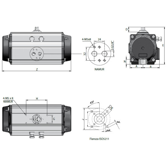 Pneumatyczny napęd obrotowy dwustronnego działania R.85 F05/07-17mm NDA85F57X17LT RQS