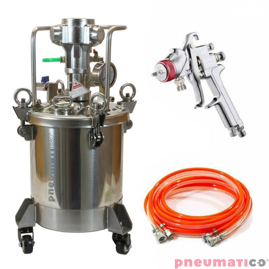 Zbiornik ciśnieniowy do natrysku nierdzewny 10L z mieszadłem Pneumatico Tank MP10SS z pistoletem lakierniczym i wężem podw&oacute;jnym
