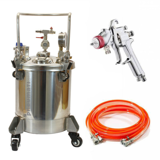 Zbiornik ciśnieniowy do malowania nierdzewny 10L bez mieszadła ZB10SS Pneumatico Tank z pistoletem lakierniczym + wężem