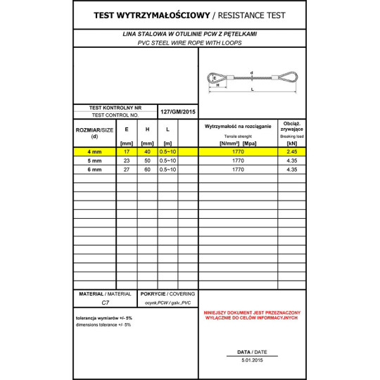 Linka stalowa z pętelkami oc. PCV 4mm x 1,0m Linka stalowa z pętelkami oc. PCV 4mm x 1,0m