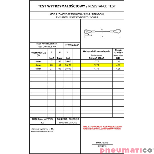 Linka stalowa z pętelkami oc. PCV 5mm x 1,0m