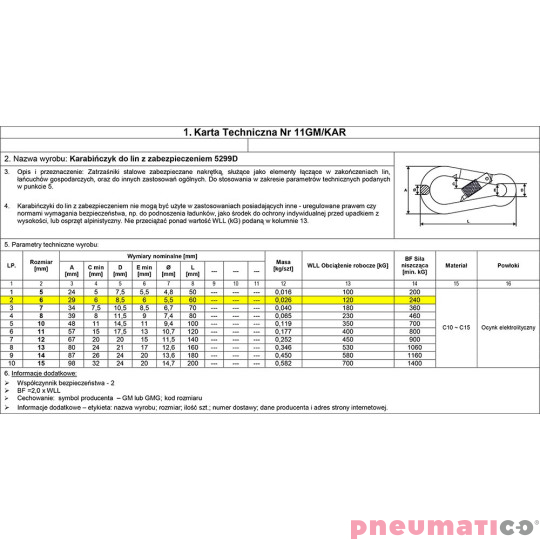 Karabińczyk do lin z zabezpieczeniem 6mm DIN5299D JG-0006