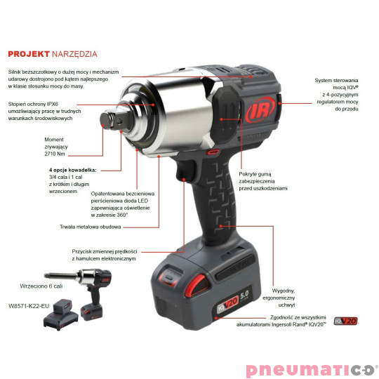 Akumulatorowy klucz udarowy Ingersoll Rand W8171-K2-EU 3/4" 2711Nm (2 aku.Li-ion 20V, 5Ah)