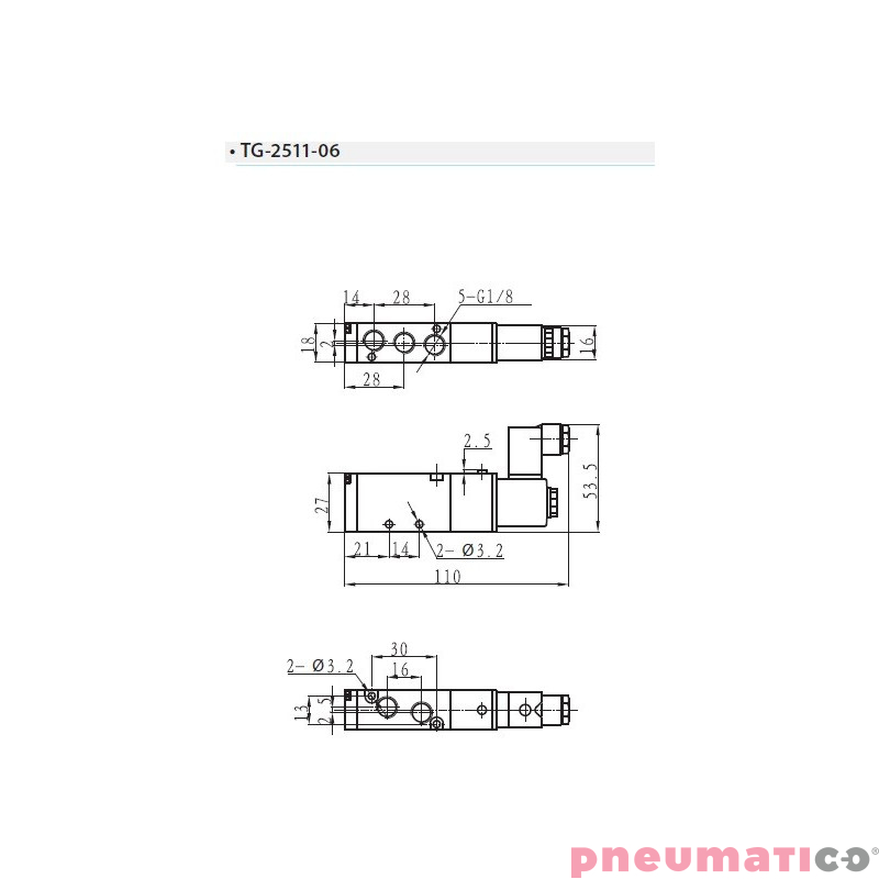 Zaw&oacute;r elektropneumatyczny TEKMA jednostronny monostabilny 5/2 1/8" TG-2511-06-DC24 NC 24VDC