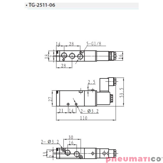 Zaw&oacute;r elektropneumatyczny TEKMA jednostronny monostabilny 5/2 1/8" TG-2511-06-DC24 NC 24VDC