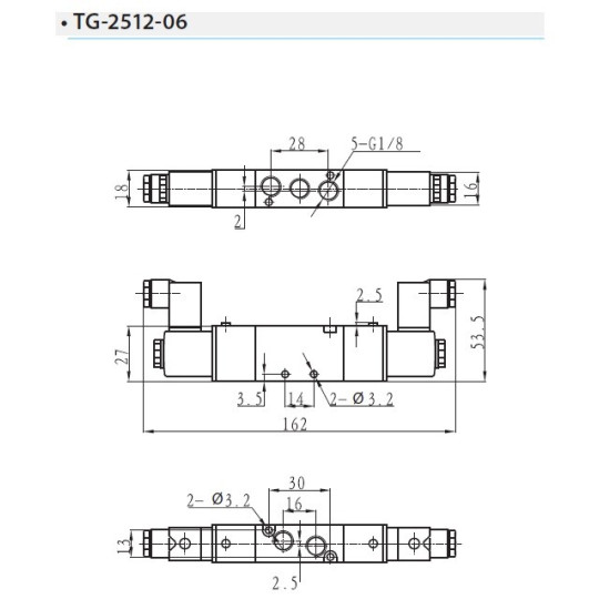 Zawór elektropneumatyczny TEKMA dwustronny, bistabilny z elementem ręcznego przesterowania 5/2 1/8" TG-2512-06-DC24 NC DC24V Zawór elektropneumatyczny TEKMA dwustronny, bistabilny z elementem ręcznego przesterowania 5/2 1/8" TG-2512-06-DC24 NC DC24V