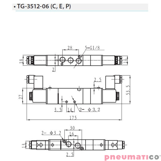 Zaw&oacute;r elektropneumatyczny TEKMA dwustronny, bistabilny z elementem ręcznego przesterowania centralnie odcięty 5/3 1/8" TG-3512-0