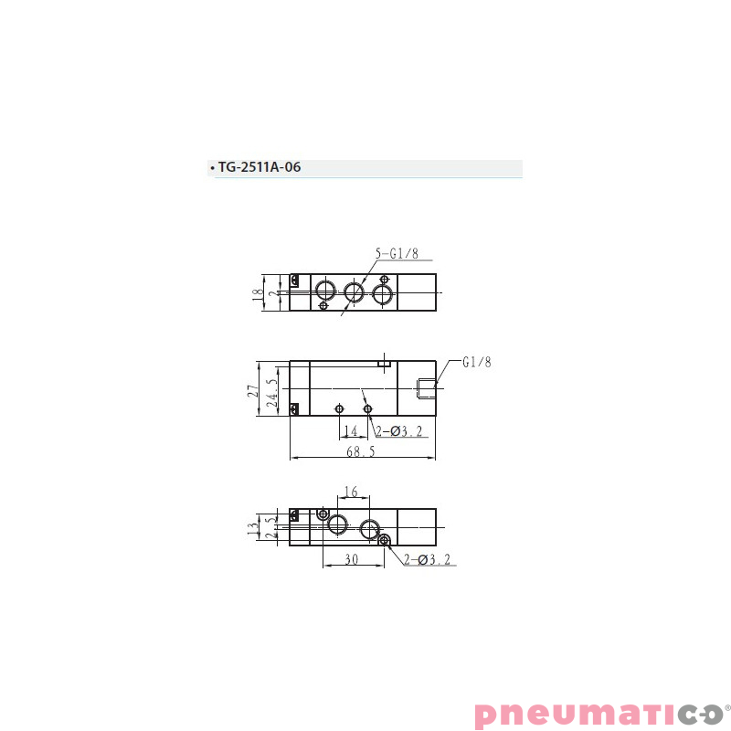 Zaw&oacute;r pneumatyczny jednostronny monostabilny 5/2 G1/8" TEKMA TG-2511A-06