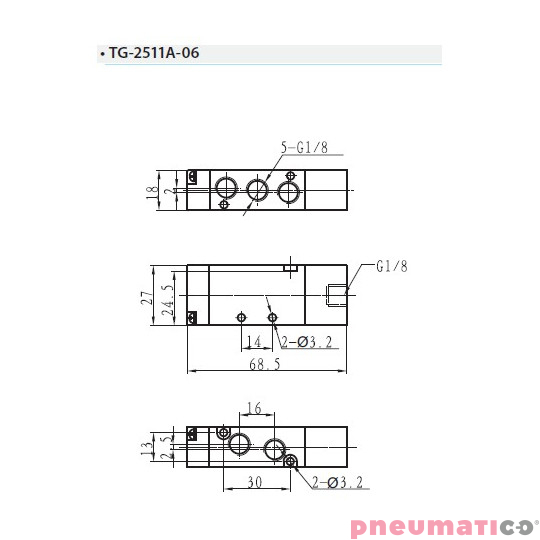 Zaw&oacute;r pneumatyczny jednostronny monostabilny 5/2 G1/8" TEKMA TG-2511A-06