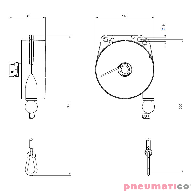 Balanser z przewodem powietrznym 9322 TECNA 4-6kg 2000mm + uchwyt