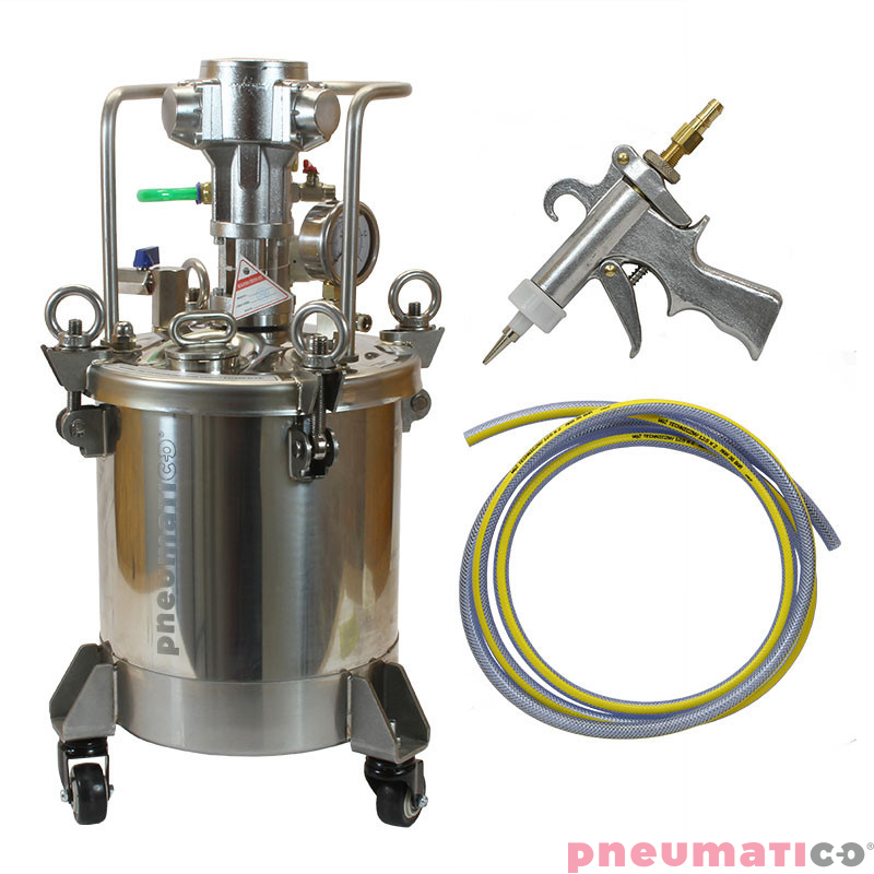 Zestaw do nakładania kleju: zbiornik nierdzewny 10L z mieszadłem Pneumatico Tank MP10SS + pistolet PIZZI 9902 + wąż