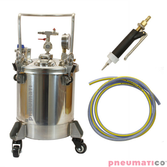 Zestaw do nakładania kleju: zbiornik nierdzewny 10L bez mieszadła ZB10SS Pneumatico Tank + pistolet PIZZI 0002 + wąż Zestaw do nakładania kleju: zbiornik nierdzewny 10L bez mieszadła ZB10SS Pneumatico Tank + pistolet PIZZI 0002 + wąż