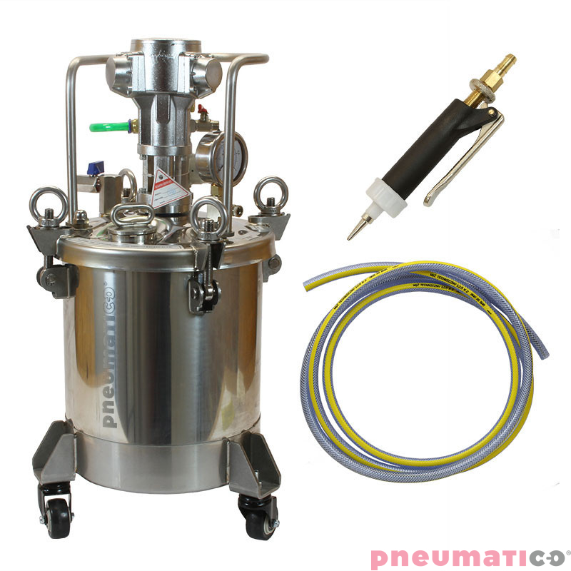 Zestaw do nakładania kleju: zbiornik nierdzewny 10L z mieszadłem Pneumatico Tank MP10SS + pistolet PIZZI 0002 + wąż Zestaw do nakładania kleju: zbiornik nierdzewny 10L z mieszadłem Pneumatico Tank MP10SS + pistolet PIZZI 0002 + wąż
