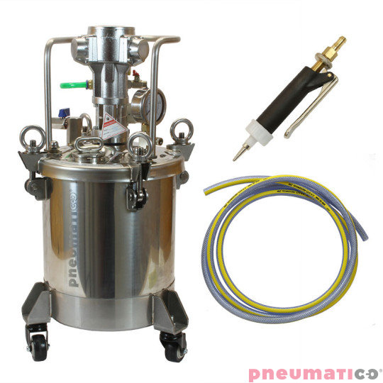 Zestaw do nakładania kleju: zbiornik nierdzewny 10L z mieszadłem Pneumatico Tank MP10SS + pistolet PIZZI 0002 + wąż Zestaw do nakładania kleju: zbiornik nierdzewny 10L z mieszadłem Pneumatico Tank MP10SS + pistolet PIZZI 0002 + wąż