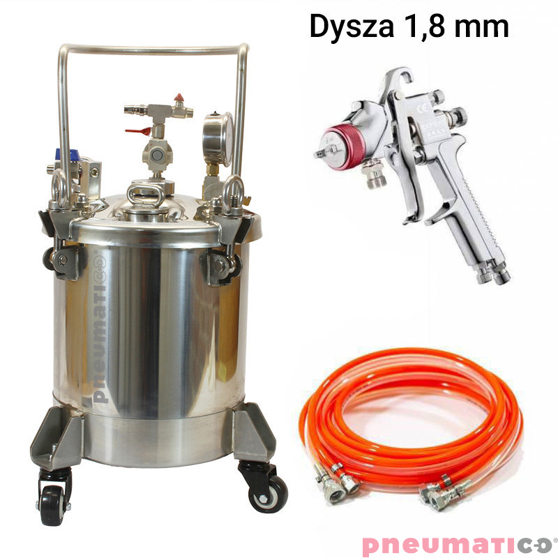 Zbiornik ciśnieniowy do malowania nierdzewny 10L bez mieszadła ZB10SS Pneumatico Tank z pistoletem lakierniczym + wężem