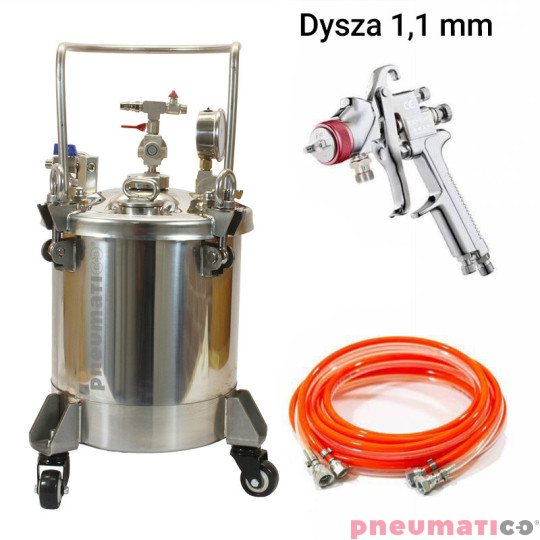 Zbiornik ciśnieniowy do malowania nierdzewny 10L bez mieszadła ZB10SS Pneumatico Tank z pistoletem lakierniczym + wężem
