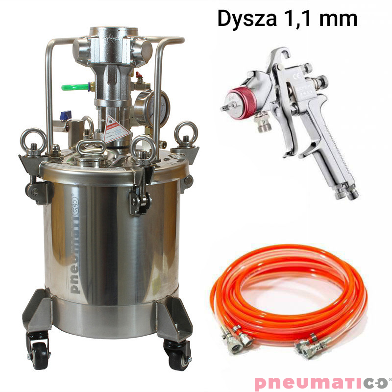 Zbiornik ciśnieniowy do natrysku nierdzewny 10L z mieszadłem Pneumatico Tank MP10SS z pistoletem lakierniczym i wężem podw&oacute;jnym